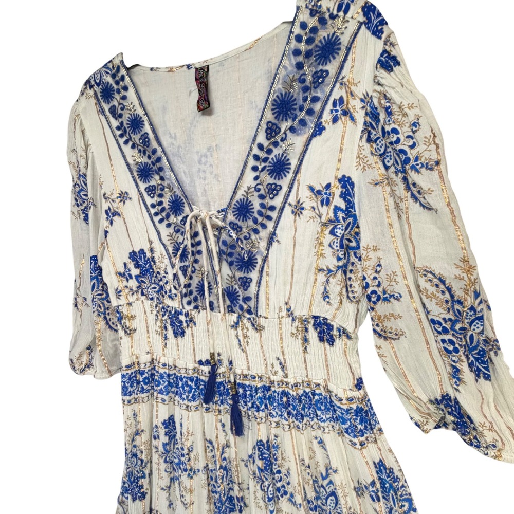 Anthropologie Me 2 Magic Tiered Dress Womens XL Blue Embroidered Tassel Tie Boho - Picture 3 of 15